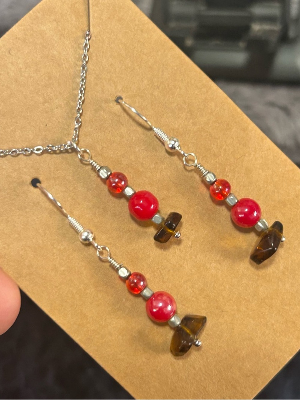 Handcrafted tigers eye art glass necklace and earring set